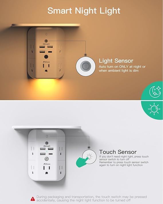 Wall Outlet Extender with Shelf and Night Light, Surge Protector, Wall Mount Charger Multi Plug
