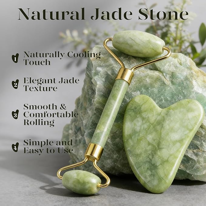 (Original Stone) Jade Roller and Gua Sha Set, Beyond Jade Face Roller - Face Massager, Facial Roller for Skin, Eyes, Neck - Noiseless Design - Jade Roller & Guasha Reduce Puffiness and Improve Wrinkles - Guasha Stone Self Care Gift for Man Women