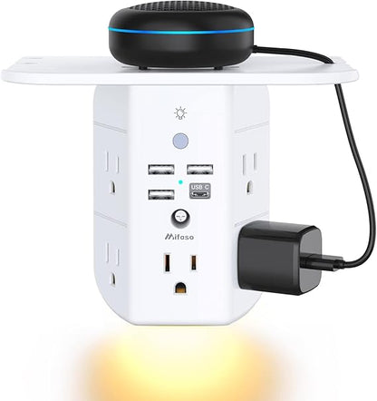 Wall Outlet Extender with Shelf and Night Light, Surge Protector, Wall Mount Charger Multi Plug