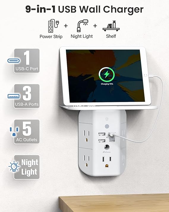 Wall Outlet Extender with Shelf and Night Light, Surge Protector, Wall Mount Charger Multi Plug