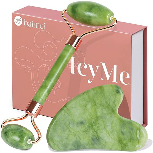 (Original Stone) Jade Roller and Gua Sha Set, Beyond Jade Face Roller - Face Massager, Facial Roller for Skin, Eyes, Neck - Noiseless Design - Jade Roller & Guasha Reduce Puffiness and Improve Wrinkles - Guasha Stone Self Care Gift for Man Women