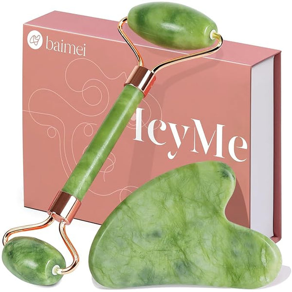 (Original Stone) Jade Roller and Gua Sha Set, Beyond Jade Face Roller - Face Massager, Facial Roller for Skin, Eyes, Neck - Noiseless Design - Jade Roller & Guasha Reduce Puffiness and Improve Wrinkles - Guasha Stone Self Care Gift for Man Women