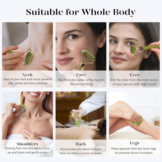 (Original Stone) Jade Roller and Gua Sha Set, Beyond Jade Face Roller - Face Massager, Facial Roller for Skin, Eyes, Neck - Noiseless Design - Jade Roller & Guasha Reduce Puffiness and Improve Wrinkles - Guasha Stone Self Care Gift for Man Women