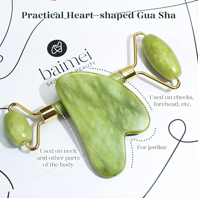 (Original Stone) Jade Roller and Gua Sha Set, Beyond Jade Face Roller - Face Massager, Facial Roller for Skin, Eyes, Neck - Noiseless Design - Jade Roller & Guasha Reduce Puffiness and Improve Wrinkles - Guasha Stone Self Care Gift for Man Women