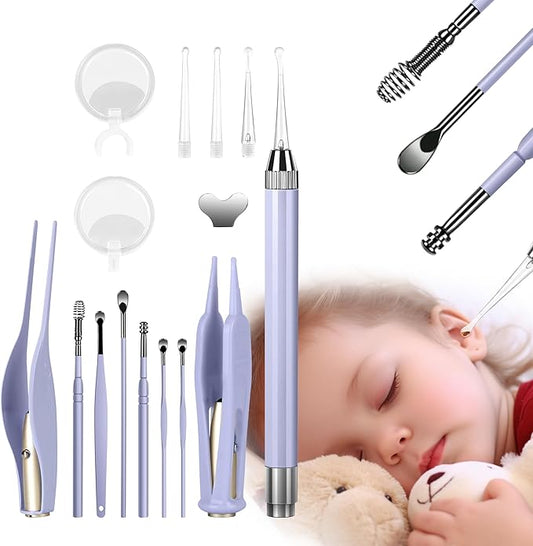 POZILAN Ear Cleaning Kit with LED Light - 15 Pack Ear Wax Removal Kit for Kids and Adults, Earwax Spoon Digger & Tweezers for Ear Cleaning Tool Present Set