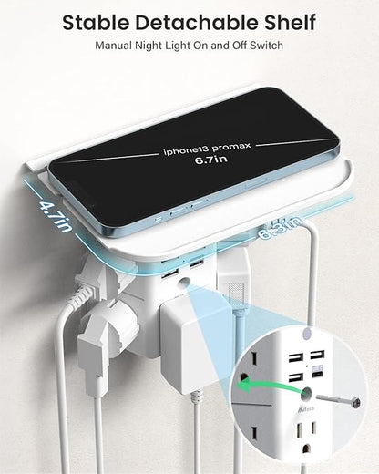 Wall Outlet Extender with Shelf and Night Light, Surge Protector, Wall Mount Charger Multi Plug