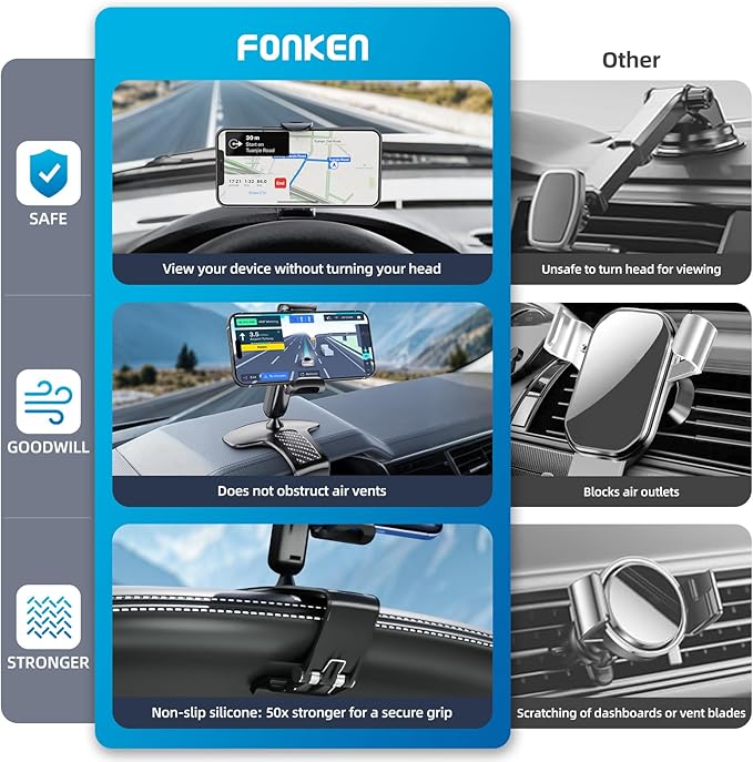FONKEN Universal 360 Dashboard Cell Phone Holder, Upgrade Clip Car Phone Holder Mount for Dashboard 360 Degree Rotation Dash Board Phone Mount Fit for iPhone,Samsung,Google,Nokia, 4 to 7" Smartphones